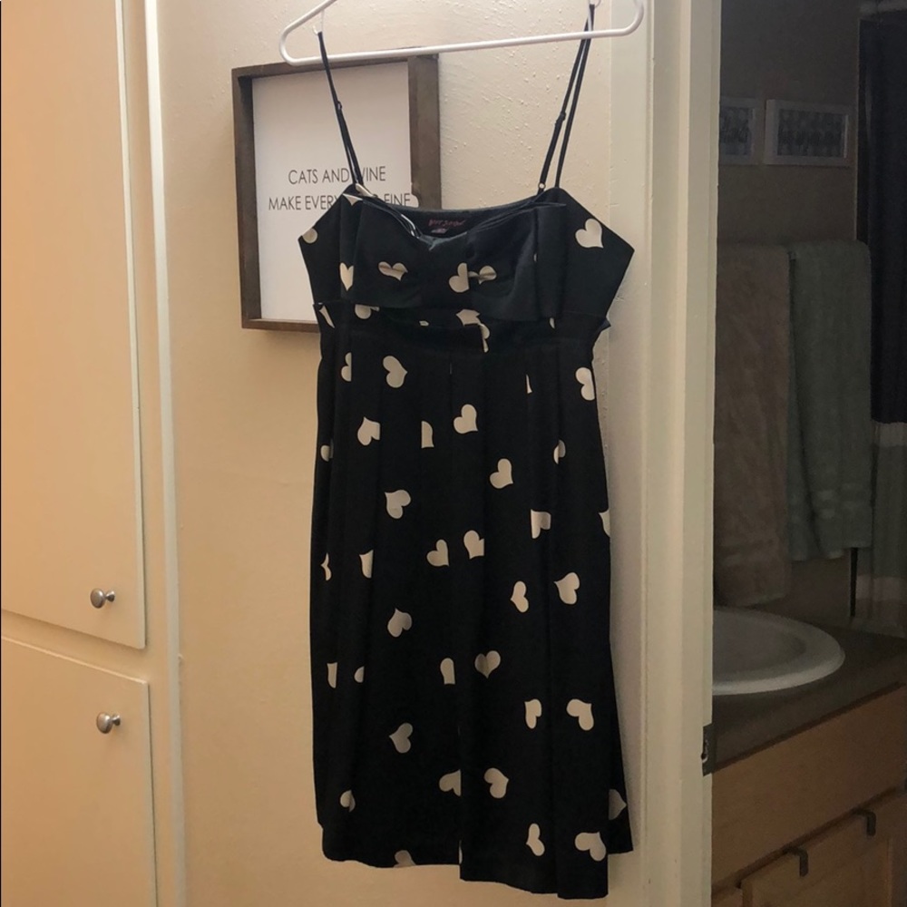 Betsey Johnson Black Silk Dress with Cream Hearts